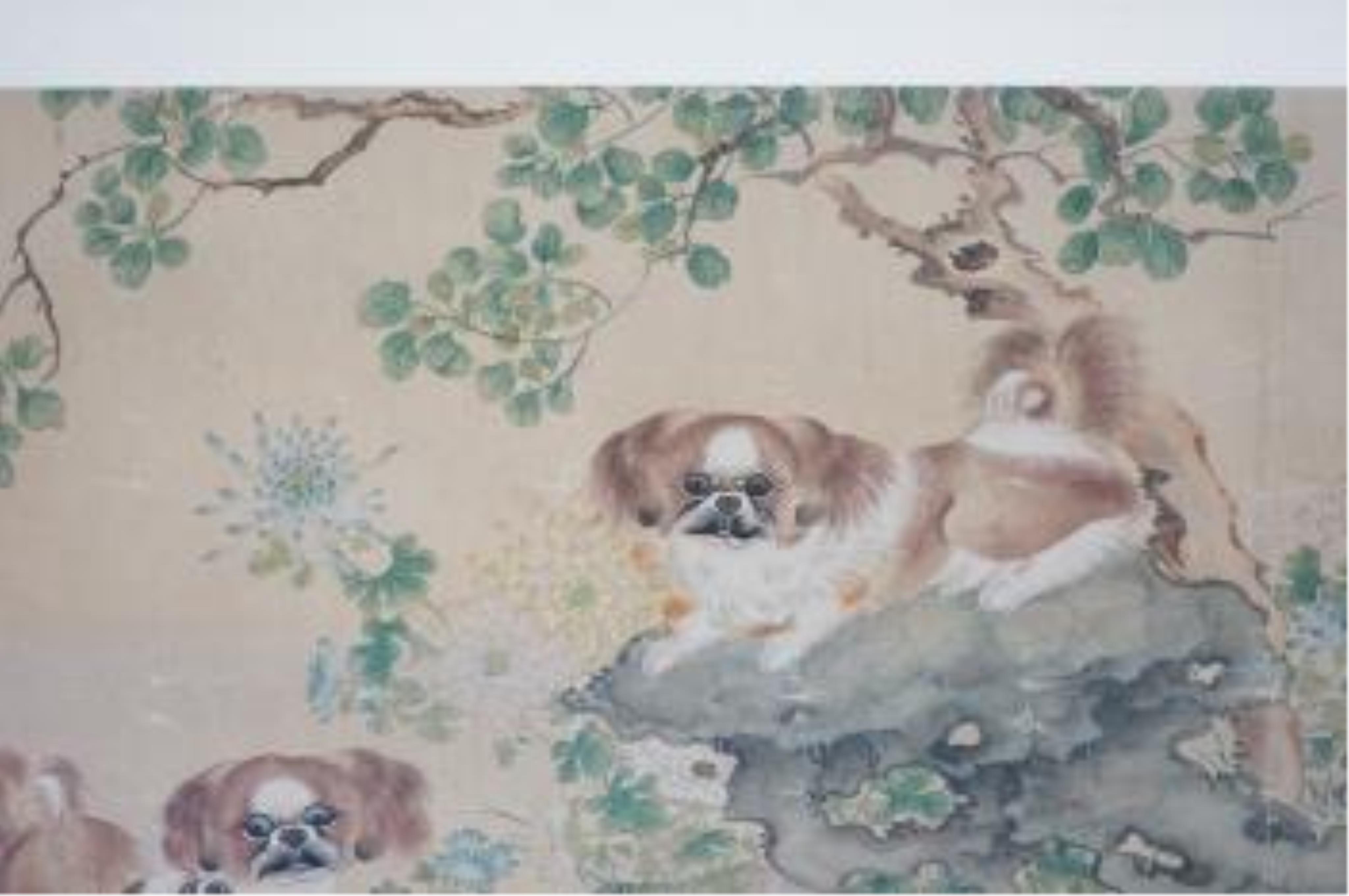 Late 19th/early 20th century, Chinese school, ink and colour on paper, Chi dogs in a rockwork garden, unsigned, 59 x 105cm. Condition - poor